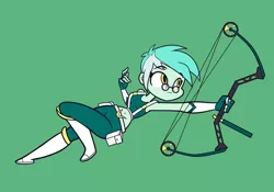 Size: 2571x1800 | Tagged: safe, artist:khuzang, derpibooru import, lyra heartstrings, fanfic, equestria girls, alternate hairstyle, alternate universe, archer, arrow, belly button, bow (weapon), bow and arrow, breasts, clothes, commission, compound bow, equestrian city, fanfic art, female, glasses, midriff, short hair, simple background, solo, weapon