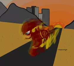 Size: 1270x1142 | Tagged: safe, artist:speedpaintthegod, derpibooru import, ponified, pony, blue eyes, city, cityscape, clothes, costume, crossover, dc comics, desert, fast, motion blur, solo, sunset, the flash