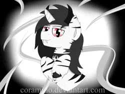 Size: 4000x3000 | Tagged: safe, artist:coramino, derpibooru import, oc, oc:mike, unofficial characters only, unicorn, vampony, zebra, black horns, handsome, multiple horns, red eyes, sexy, solo