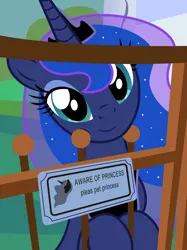 Size: 2462x3300 | Tagged: safe, artist:badumsquish, derpibooru import, princess luna, alicorn, pony, :t, aware of dog, badumsquish is trying to murder us, badumsquish strikes again, beware of dog, bipedal, cute, female, fence, gate, head tilt, hnnng, leaning, looking at you, lunabetes, mare, missing accessory, ponified animal photo, show accurate, silly, silly pony, smiling, solo, weapons-grade cute