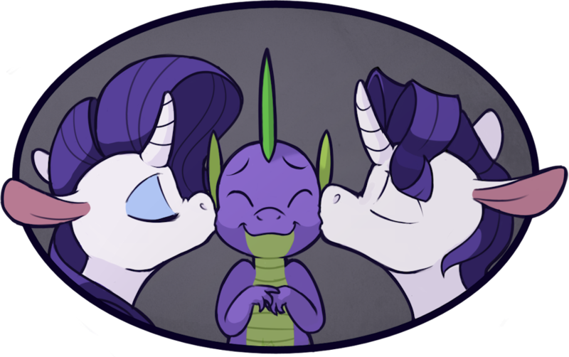 Size: 944x592 | Tagged: safe, artist:enma-darei, derpibooru import, rarity, spike, dragon, pony, unicorn, and then spike was bi, bisexual, elusive, gay, kiss on the cheek, kiss sandwich, kissing, male, rule 63, shipping, sparity, spelusive, straight
