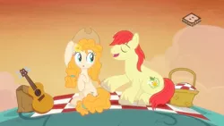 Size: 1024x576 | Tagged: safe, derpibooru import, bright mac, pear butter, pony, the perfect pear, accessory swap, adorkable, boomerang (tv channel), brightabetes, brightbutter, couple, cowboy hat, cute, dork, female, flower, flower in hair, guitar, hat, male, outdoors, pearabetes, picnic, shipping, stetson, straight