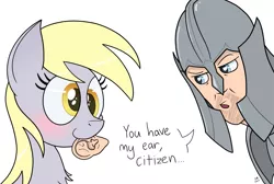 Size: 1299x875 | Tagged: safe, artist:manual-monaro, derpibooru import, derpy hooves, human, pegasus, pony, armor, blushing, chest fluff, dialogue, ear, imperial guard, literal, mouth hold, oblivion, pun, simple background, smiling, stubble, the elder scrolls, visual pun, white background