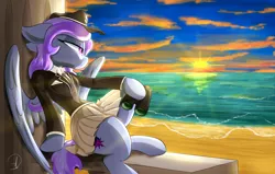 Size: 3200x2032 | Tagged: safe, artist:phuocthiencreation, derpibooru import, oc, unofficial characters only, pegasus, semi-anthro, beach, beautiful, binoculars, clothes, commission, female, hat, high res, mare, skirt, solo, sunset