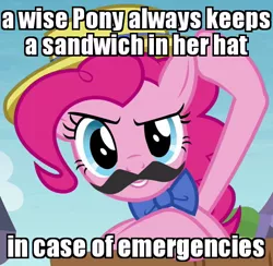 Size: 509x496 | Tagged: safe, derpibooru import, edit, edited screencap, screencap, pinkie pie, pony, trade ya, bowtie, fake moustache, hat, image macro, meme, outfit catalog, paddington, paddington bear, solo