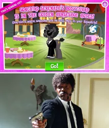 Size: 600x700 | Tagged: safe, derpibooru import, jules winnfield, whinnyfield, ponified, human, pony, my little pony: the movie, bodyguard, clothes, comparison, gameloft, movie reference, pulp fiction, samuel l jackson, sunglasses