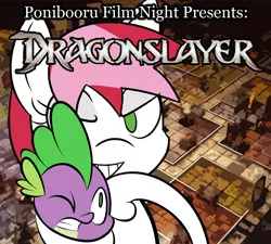 Size: 1000x900 | Tagged: safe, artist:daisyhead, derpibooru import, spike, oc, oc:flicker, dragon, pony, ponibooru film night, dragonslayer, duo, female, hero quest, male, mare, noogie