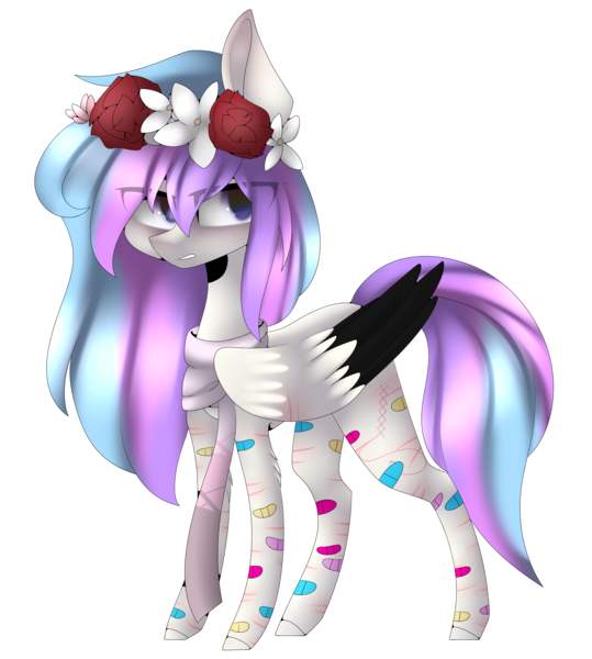 Size: 3451x3843 | Tagged: safe, artist:hyshyy, derpibooru import, oc, oc:grace, unofficial characters only, pegasus, pony, clothes, colored wings, female, floral head wreath, flower, high res, mare, multicolored wings, scarf, simple background, solo, transparent background