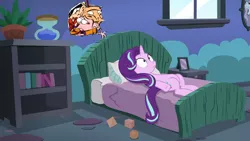 Size: 1920x1080 | Tagged: safe, derpibooru import, edit, edited screencap, screencap, starlight glimmer, pony, every little thing she does, bed, crossover, ed edd n eddy, exploitable meme, hourglass, meme, once upon an ed, plant, solo, starlight bedridden, starlight's room, thousand yard stare, window