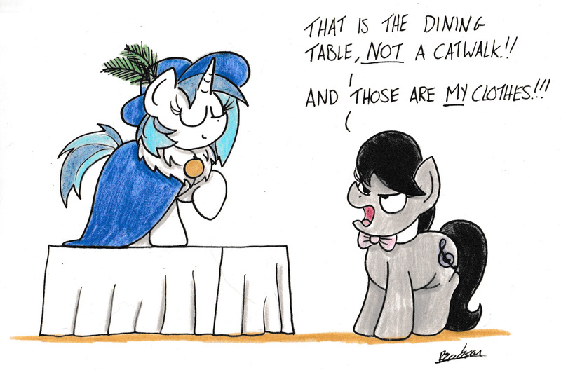 Size: 2389x1576 | Tagged: safe, artist:bobthedalek, derpibooru import, octavia melody, vinyl scratch, earth pony, pony, unicorn, clothes, dress, eyes closed, female, hat, mare, table, traditional art, unamused