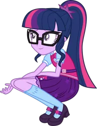 Size: 3000x3878 | Tagged: safe, artist:uponia, derpibooru import, sci-twi, twilight sparkle, dance magic, equestria girls, spoiler:eqg specials, bowtie, clothes, female, glasses, kneeling, mary janes, ponytail, shoes, simple background, skirt, smiling, socks, solo, transparent background, vector