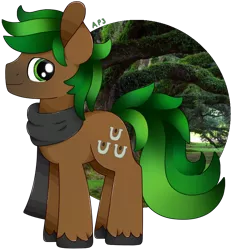 Size: 780x840 | Tagged: safe, artist:amberpone, derpibooru import, oc, oc:jaeger, oc:jaeger sylva, unofficial characters only, pony, black, brown, brown fur, clothes, commission, cutie mark, drawing, fanart, gray, green, green eyes, green hair, green mane, happy, hooves, lighting, looking at you, male, mane, old art, old art is old, original art, original character do not steal, original style, paint tool sai, painttoolsai, scarf, shading, simple background, smiling, stallion, standing, tail, transparent background, tree, unshorn fetlocks, white