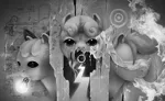 Size: 1794x1100 | Tagged: dead source, grimdark, derpibooru import, apple bloom, scootaloo, sweetie belle, pony, cutie mark crusaders, empty eyes, fire, grayscale, i can see forever, image, lightbulb, monochrome, nightmare fuel, png, surreal