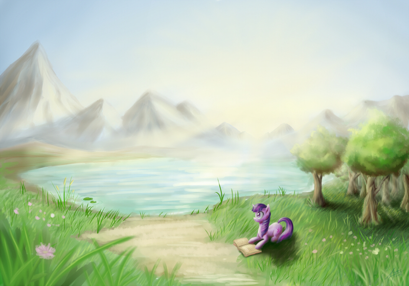 Size: 1000x700 | Tagged: safe, artist:zetamad, derpibooru import, twilight sparkle, pony, unicorn, book, dawn, flower, grass, lake, mountain, path, scenery, solo, sun, tree, water lily