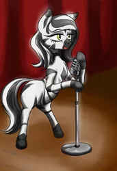 Size: 1300x1900 | Tagged: artist:b-i-r, clean, derpibooru import, female, mare, microphone, oc, oc:ceres, safe, singing, solo, unofficial characters only, zebra