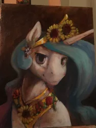 Size: 960x1280 | Tagged: safe, artist:silfoe, derpibooru import, princess celestia, alicorn, pony, beautiful, bust, painting, portrait, smiling, solo, sunflower, traditional art, wip