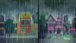 Size: 1920x1080 | Tagged: safe, derpibooru import, screencap, sci-twi, sunset shimmer, twilight sparkle, eqg summertime shorts, equestria girls, monday blues, discovery family logo, house, needs more jpeg, rain, sci-twi's house, sunset's apartment