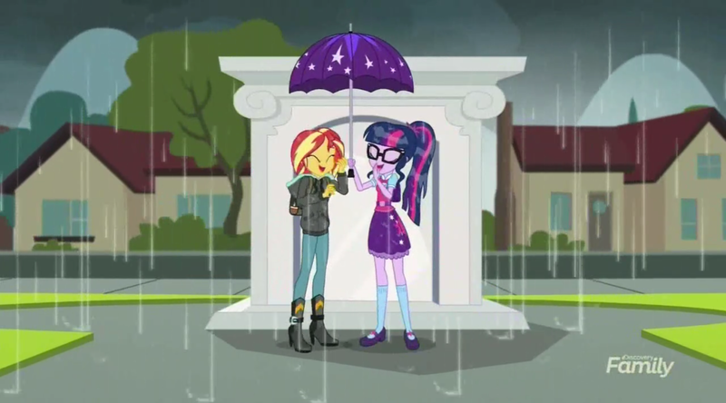 Size: 1400x777 | Tagged: safe, derpibooru import, screencap, sci-twi, sunset shimmer, twilight sparkle, eqg summertime shorts, equestria girls, monday blues, discovery family logo, house, laughing, rain, shipping fuel, umbrella
