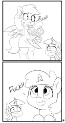 Size: 2668x5000 | Tagged: safe, artist:pabbley, derpibooru import, amethyst star, derpy hooves, dinky hooves, pegasus, pony, unicorn, accident, bipedal, comic, dialogue, female, food, monochrome, mother and daughter, muffin, swearing, tray, vulgar