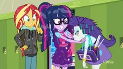 Size: 1366x768 | Tagged: safe, derpibooru import, screencap, rarity, sci-twi, sunset shimmer, twilight sparkle, eqg summertime shorts, equestria girls, monday blues, crying