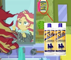 Size: 597x505 | Tagged: safe, derpibooru import, edit, edited screencap, screencap, sunset shimmer, eqg summertime shorts, equestria girls, monday blues, bathroom, clothes, finger gun, finger guns, hoodie, lidded eyes, mane 'n tail, messy mane, mirror, product placement, shampoo, smiling, smirk, solo, sunset's apartment