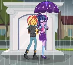 Size: 985x886 | Tagged: safe, derpibooru import, screencap, sci-twi, sunset shimmer, twilight sparkle, eqg summertime shorts, equestria girls, monday blues, cropped, eyes closed, laughing, rain, shipping fuel, umbrella, wet clothes, wet hair