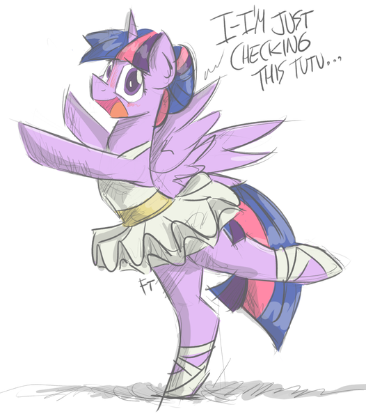 Size: 1500x1711 | Tagged: safe, artist:flutterthrash, derpibooru import, twilight sparkle, twilight sparkle (alicorn), alicorn, pony, a royal problem, ballerina, ballet, blushing, clothes, cute, female, mare, newbie artist training grounds, simple background, tutu, tutu cute, twiabetes, twilarina