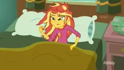 Size: 1366x768 | Tagged: safe, derpibooru import, screencap, sunset shimmer, eqg summertime shorts, equestria girls, monday blues, bed, clothes, discovery family logo, pajamas, pillow, solo, sunset's apartment