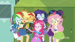 Size: 1366x768 | Tagged: safe, derpibooru import, screencap, applejack, fluttershy, pinkie pie, rainbow dash, rarity, sci-twi, sunset shimmer, twilight sparkle, eqg summertime shorts, equestria girls, monday blues, discovery family logo, faic, geode of fauna, geode of sugar bombs, geode of super strength, humane five, humane seven, humane six, magical geodes, pinkamena diane pie