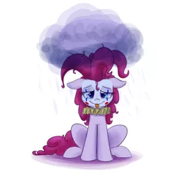 Size: 2000x2000 | Tagged: safe, artist:heir-of-rick, derpibooru import, pinkie pie, earth pony, pony, alternate hairstyle, cloud, clown, clown makeup, colored sketch, face paint, female, floppy ears, mare, rain, raincloud, ruff (clothing), simple background, sitting, solo, tongue out, white background