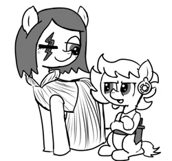 Size: 640x600 | Tagged: safe, artist:ficficponyfic, derpibooru import, oc, oc:ruby rouge, unofficial characters only, pony, colt quest, child, clothes, cyoa, ear piercing, earring, female, filly, foal, jewelry, knife, mare, missing eye, monochrome, piercing, scar, smiling, story included