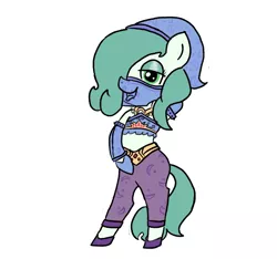 Size: 640x600 | Tagged: safe, artist:ficficponyfic, derpibooru import, oc, oc:emerald jewel, ponified, unofficial characters only, gerudo, pony, colt quest, child, clothes, color, colt, crossdressing, crossover, dress, eyeshadow, femboy, foal, hair over one eye, makeup, male, shoes, simple background, smiling, solo, sultry pose, the legend of zelda, the legend of zelda: breath of the wild, tongue out, trap, veil, white background