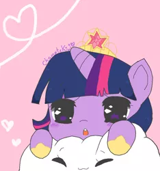 Size: 908x972 | Tagged: safe, artist:chametzkiwi, derpibooru import, twilight sparkle, alicorn, blushing, blush sticker, chibi, cloud, cute, heart, jewelry, regalia, signature, solo, starry eyes, twiabetes, twilight sparkle (alicorn), wingding eyes