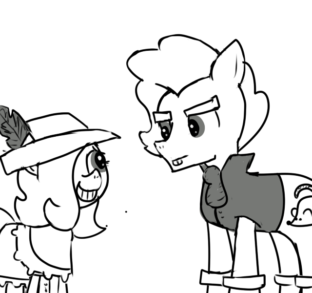 Size: 640x600 | Tagged: safe, artist:ficficponyfic, derpibooru import, rat, colt quest, bucktooth, clothes, cute, cutie mark, feather, foal, grin, hair over one eye, hat, male, monochrome, nervous, nervous grin, smiling, stallion, stare, story included, thief, toothy grin