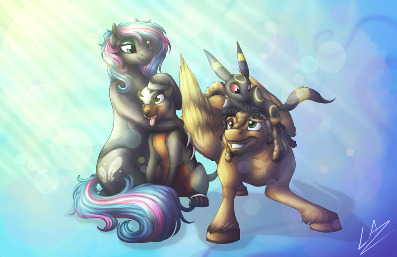 Size: 3735x2420 | Tagged: safe, artist:lupiarts, derpibooru import, oc, oc:obabscribbler, oc:reverb, oc:scribbler, unofficial characters only, houndour, pony, umbreon, couple, crossover, cute, funny, high res, love, obaverb, petting, pokémon, romance