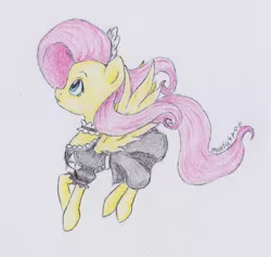 Size: 1038x986 | Tagged: safe, artist:marta4708, derpibooru import, fluttershy, pony, clothes, fluttermaid, looking up, maid, profile, simple background, solo, spread wings, traditional art, wings