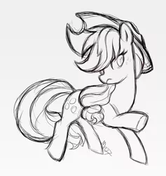 Size: 1280x1348 | Tagged: safe, artist:mn27, derpibooru import, applejack, earth pony, pony, female, gray background, grayscale, mare, monochrome, raised hoof, simple background, sketch, solo
