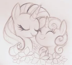 Size: 1280x1156 | Tagged: safe, artist:mn27, derpibooru import, rarity, sweetie belle, pony, unicorn, duo, eyes closed, female, filly, flower, mare, monochrome, simple background, sisters, sketch, smiling, white background