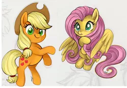 Size: 1280x890 | Tagged: safe, artist:mn27, derpibooru import, applejack, fluttershy, earth pony, pegasus, pony, cowboy hat, duo, female, gray background, hat, looking at you, mare, simple background, smiling