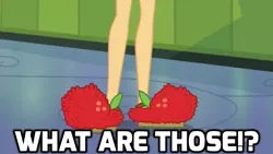 Size: 1024x576 | Tagged: safe, derpibooru import, edit, edited screencap, screencap, applejack, eqg summertime shorts, equestria girls, monday blues, caption, clothes, dead meme, feet, forced meme, image macro, legs, meme, slippers, solo, what are thoooose