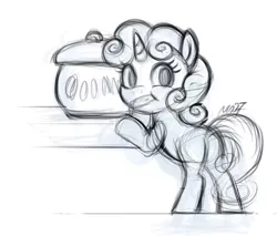 Size: 1248x1065 | Tagged: safe, artist:mn27, derpibooru import, sweetie belle, pony, unicorn, caught, cookie, cookie jar, female, filly, food, looking at you, looking back, mouth hold, simple background, sketch, solo, white background