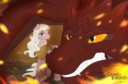 Size: 1280x839 | Tagged: safe, artist:rutkotka, derpibooru import, ponified, dragon, pony, daenerys targaryen, drogon, female, fire, game of thrones, khaleesi, mare