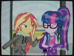 Size: 960x720 | Tagged: safe, derpibooru import, edit, edited screencap, screencap, sci-twi, sunset shimmer, twilight sparkle, eqg summertime shorts, equestria girls, monday blues, discovery family logo, shipping fuel, wet clothes, wet hair