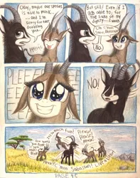 Size: 1048x1332 | Tagged: safe, artist:thefriendlyelephant, derpibooru import, oc, oc:sabe, oc:uganda, unofficial characters only, antelope, giant sable antelope, comic:sable story, acacia tree, africa, animal in mlp form, annoyed, begging, cloven hooves, comic, cute, floppy ears, horns, mountain, playful, pleading, pronking, puppy dog eyes, rock, savanna, speech bubble, tongue out, traditional art