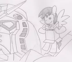 Size: 888x770 | Tagged: safe, artist:threetwotwo32232, derpibooru import, derpy hooves, pony, box gundam, cardboard box, clothes, cosplay, costume, gundam, monochrome, newbie artist training grounds, pencil drawing, solo, traditional art