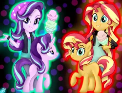 Size: 1900x1450 | Tagged: safe, artist:liniitadash23, derpibooru import, starlight glimmer, sunset shimmer, pony, unicorn, equestria girls, mirror magic, spoiler:eqg specials, beanie, clothes, female, food, hat, ice cream, jacket, looking at you, mare, missing cutie mark, raised hoof, shirt, vest