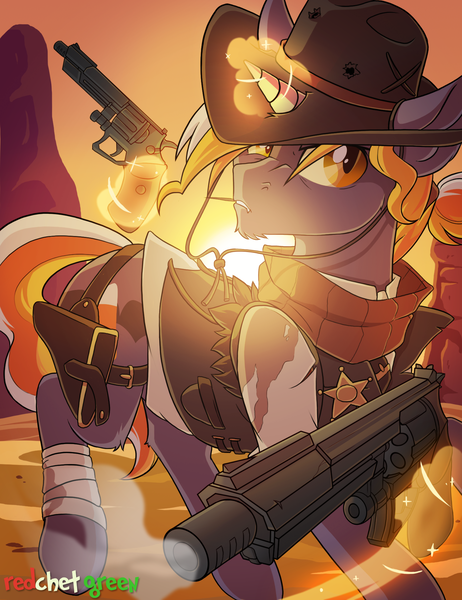 Size: 1500x1947 | Tagged: safe, artist:redchetgreen, derpibooru import, oc, oc:candy corn, unofficial characters only, bat pony, pony, unicorn, clothes, cowboy, cowboy hat, glowing horn, gun, handgun, hat, looking at you, magic, male, pistol, stallion, stetson, sun