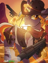 Size: 1500x1947 | Tagged: safe, artist:redchetgreen, derpibooru import, oc, oc:candy corn, unofficial characters only, bat pony, pony, unicorn, clothes, cowboy, cowboy hat, glowing horn, gun, handgun, hat, looking at you, magic, male, pistol, stallion, stetson, sun