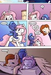 Size: 1280x1853 | Tagged: safe, artist:shieltar, derpibooru import, princess celestia, princess luna, oc, oc:grace harmony, human, pony, comic:birth of equestria, cewestia, comic, cookie, cookie jar, dialogue, female, filly, food, pink-mane celestia, ponies riding ponies, sleeping, wing blanket, wings, woona, yawn, younger