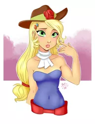 Size: 2000x2600 | Tagged: safe, artist:ponut_joe, derpibooru import, applejack, eqg summertime shorts, equestria girls, make up shake up, applejewel, bare shoulders, beautiful, belly button, breasts, clothes, cute, dress, fall formal outfits, female, hat, lipstick, looking at you, makeup, skintight clothes, sleeveless, solo, strapless